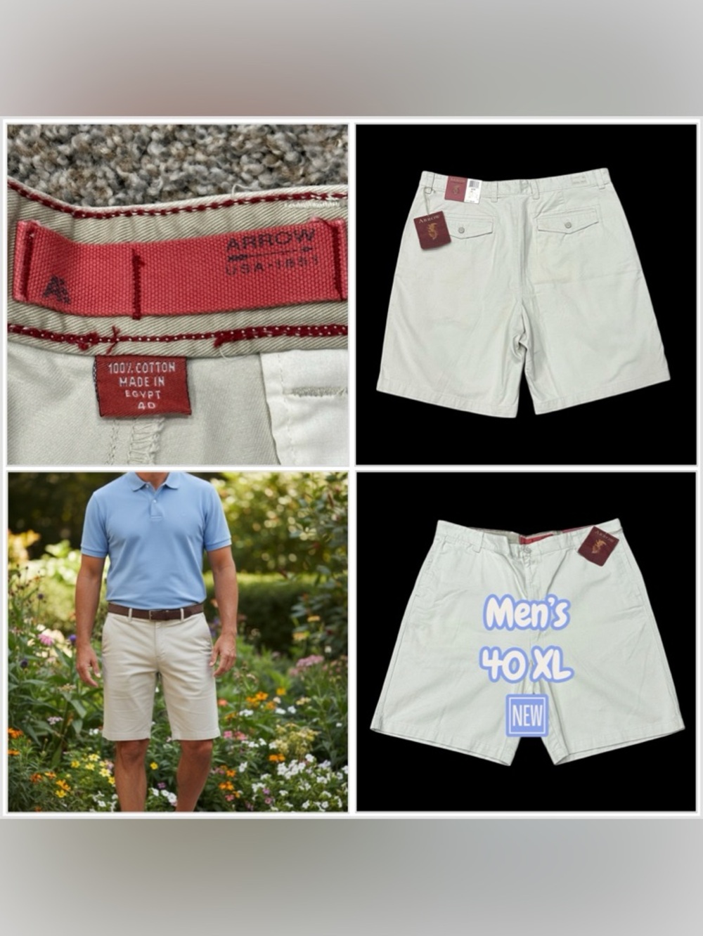 Men's Arrow 40 XL Chino Khakis Shorts Khaki Flat Front Cotton Twill Pockets NWT